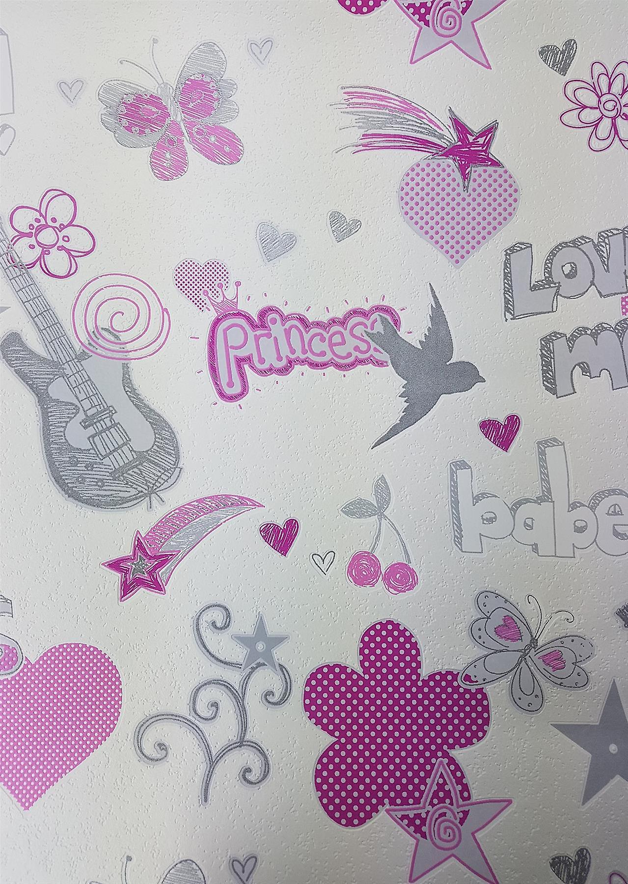 Dekobeleuchtung Garten Inspirierend Girls Love Hearts Stars butterflies Flowers Wallpaper Pink White Grey Glitter