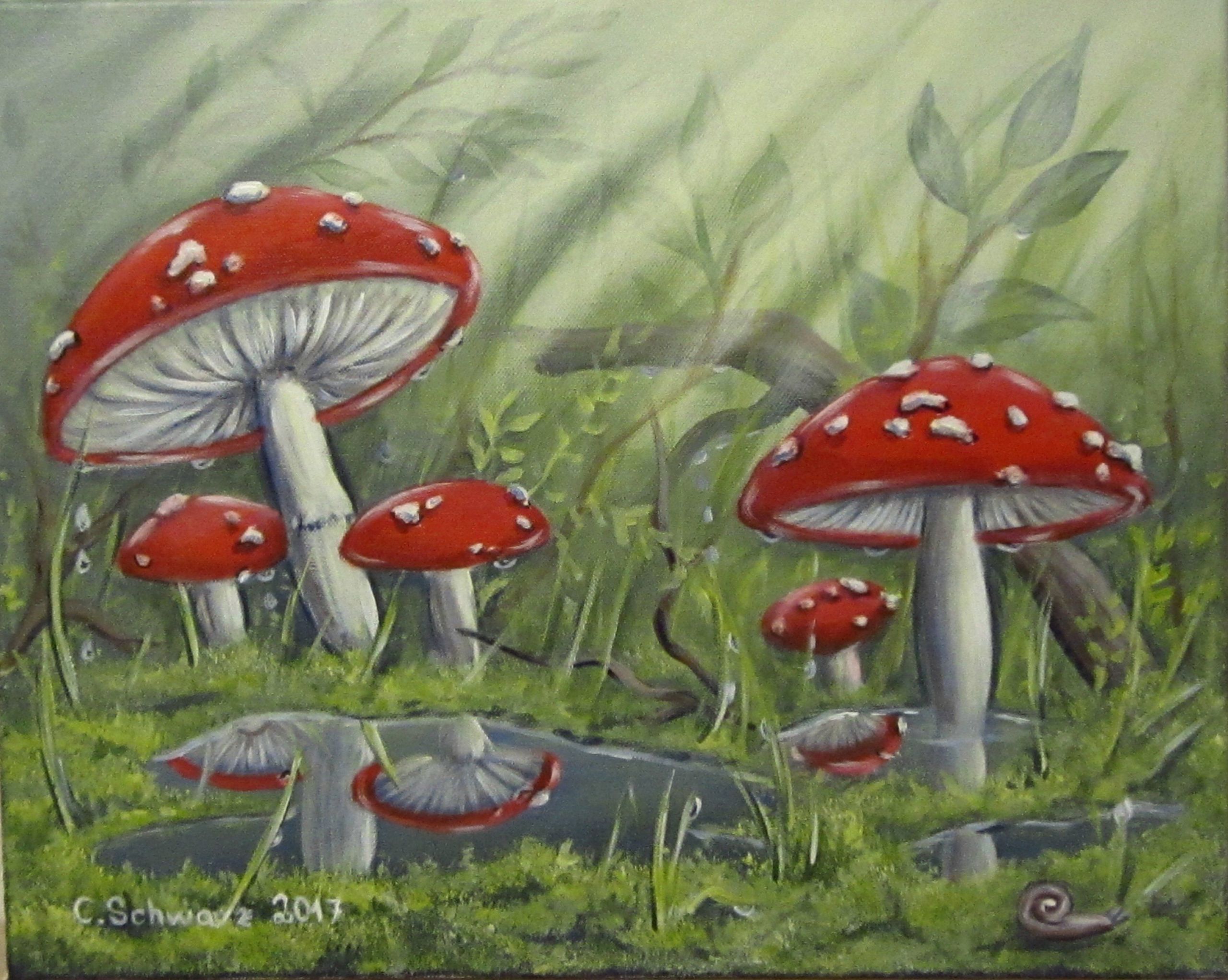 Frosch Deko Garten Frisch Acrylgemälde "fliegenpilze Nach Dem Regen" Kunst Wandbild