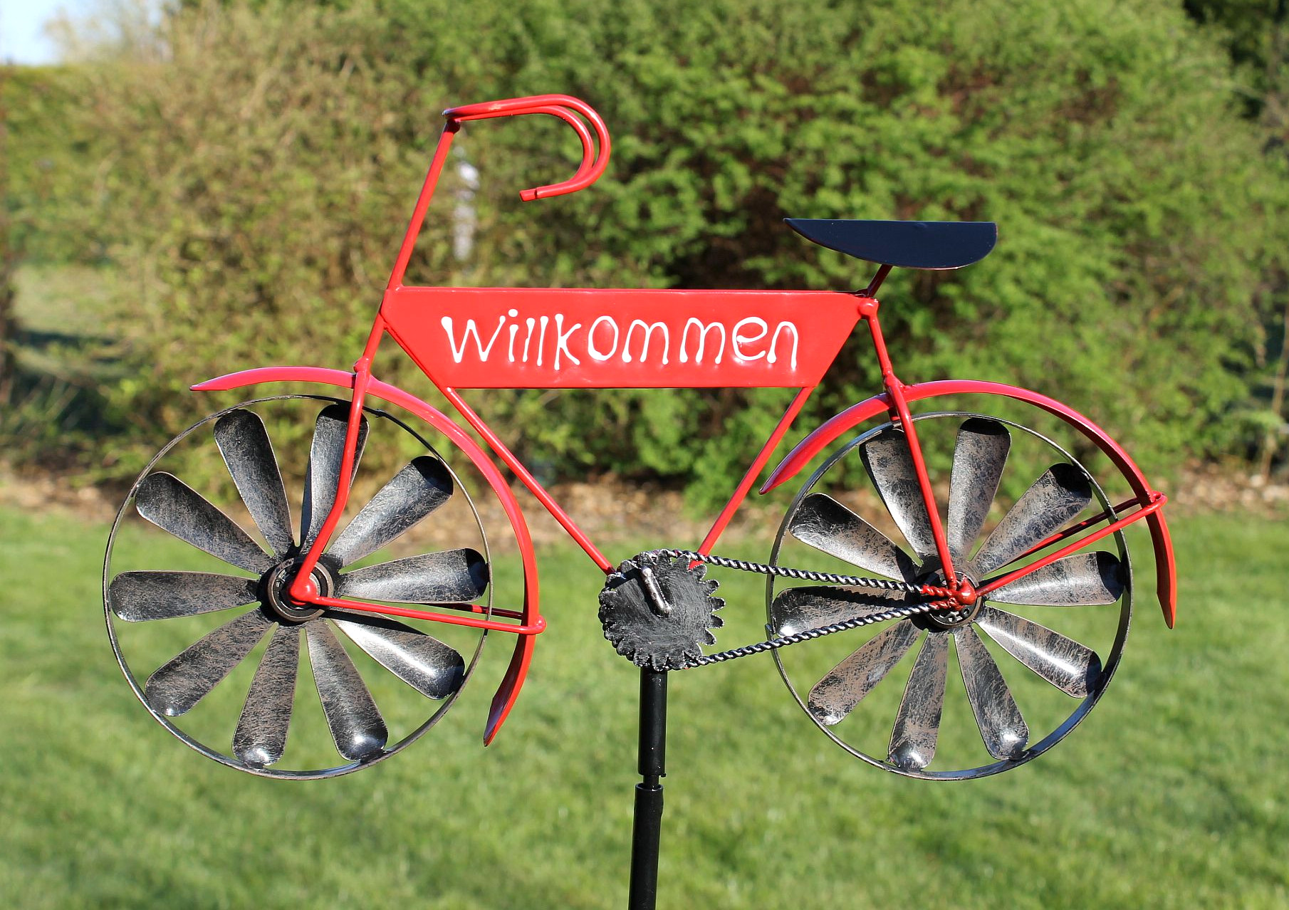 Gartenstecker Metall Fahrrad Willkommen Windspiel Windrad Wetterfest Gartendeko 3 JPG