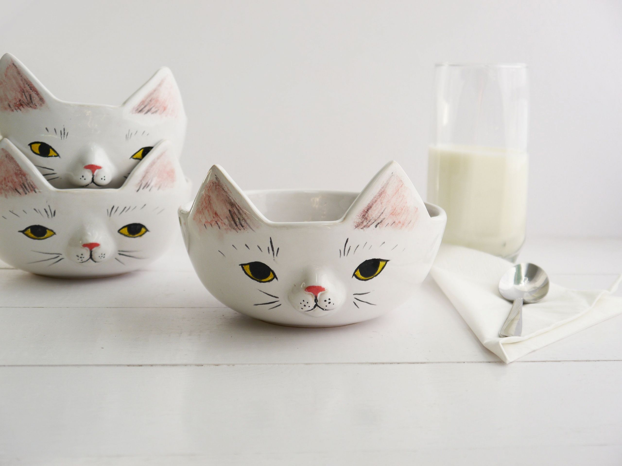 Gartendeko Winter Elegant Cat Bowl White Breakfast Bowl Bowl with Cat Ceramic Cat