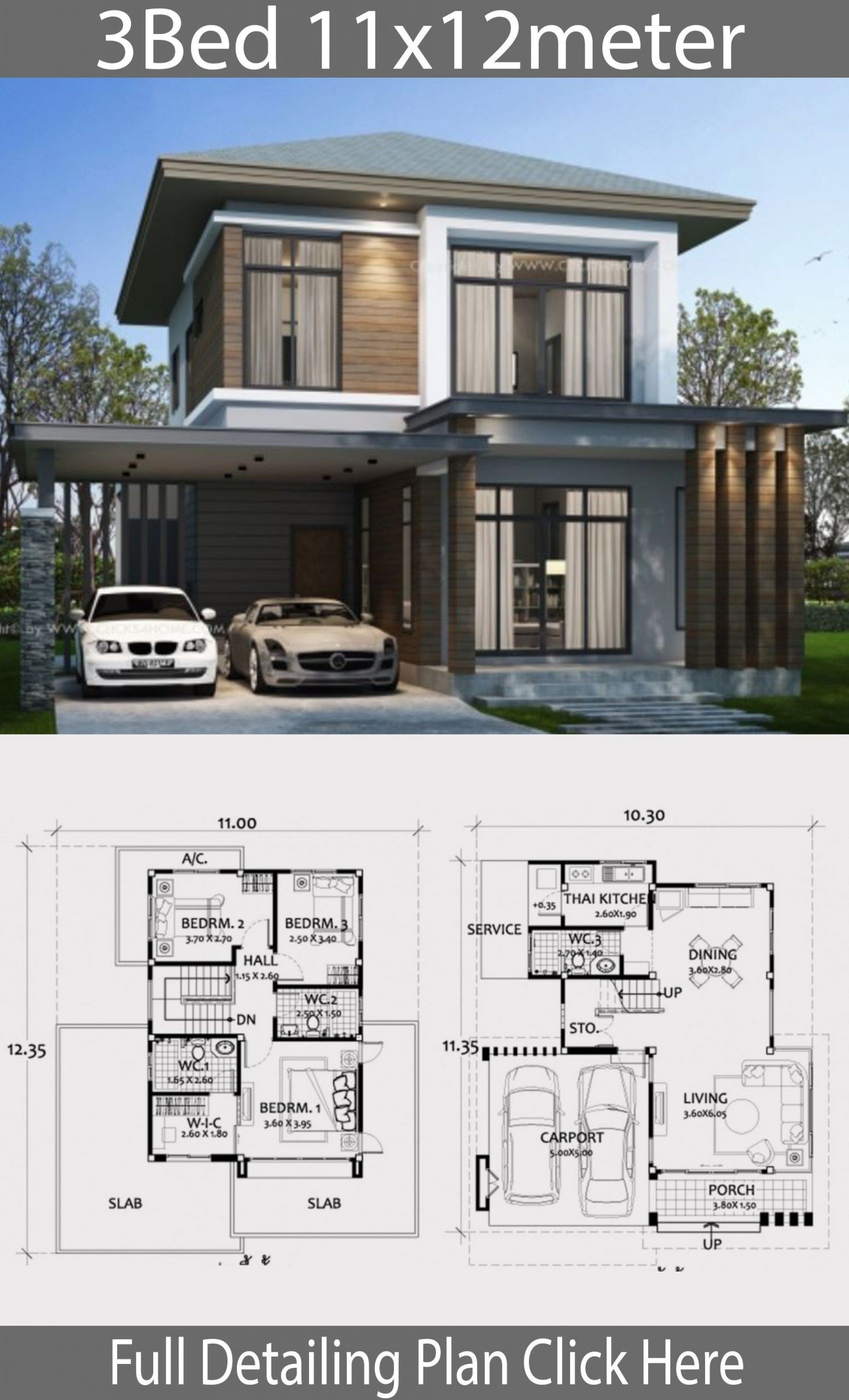 Gartendesign Modern Inspirierend Home Design Plan 11x12m with 3 Bedrooms