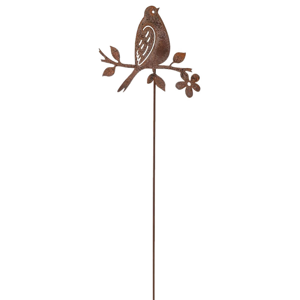 Blumenstecker Vogel auf Zweig Metallstecker Rostoptik Gartendeko 19x15 65 cm