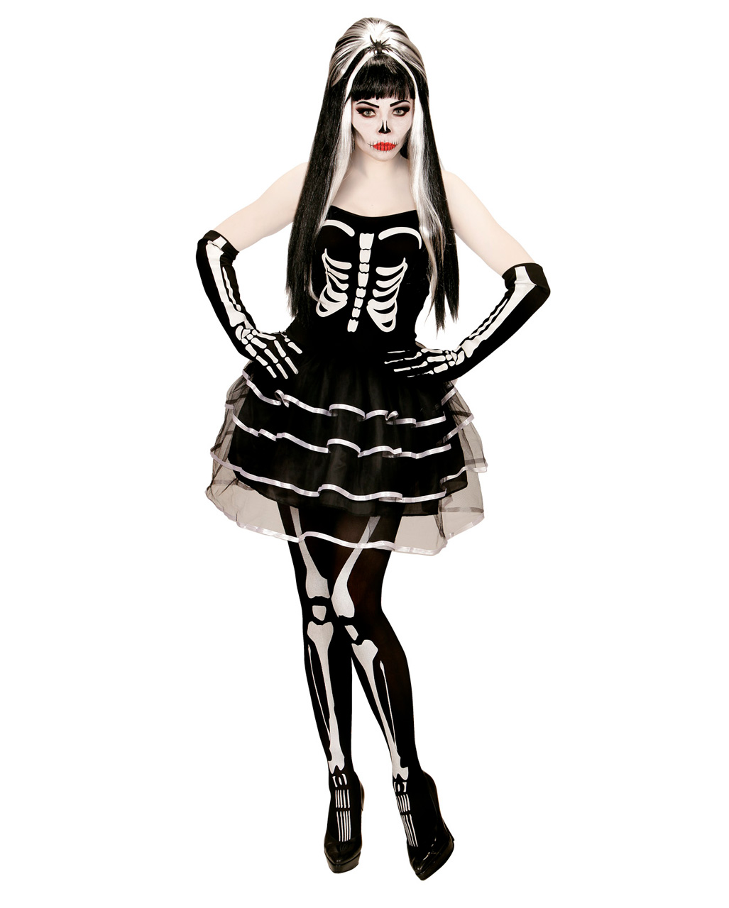 Halloween KostÃ¼m Damen Skelett Elegant Skeleton Mini Dress with Gloves for Halloween Karneval Uni