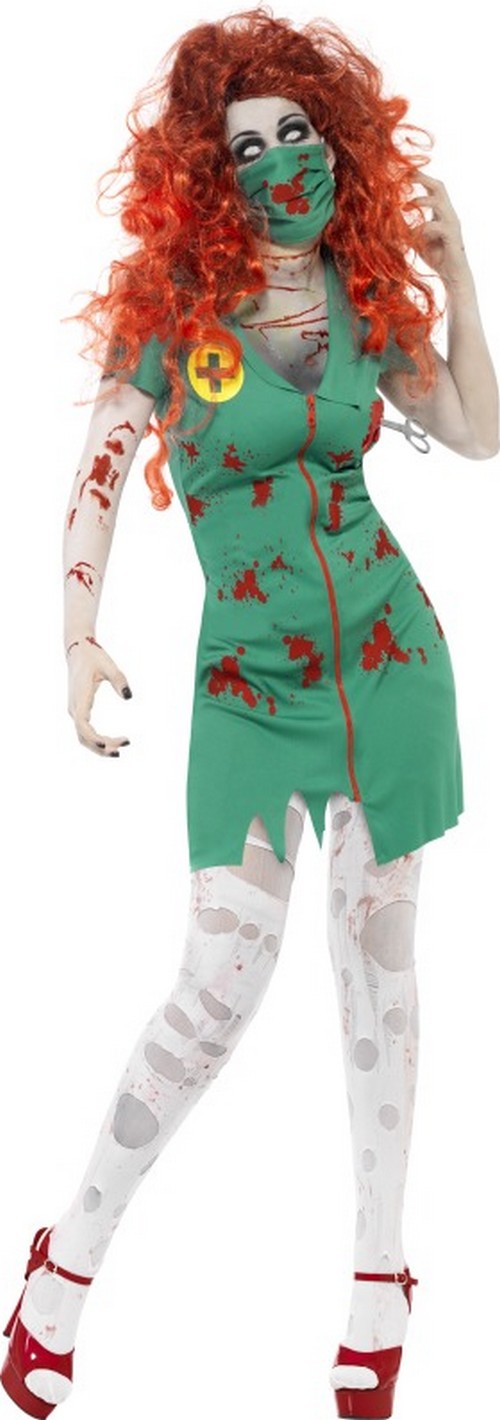 p zombie op krankenschwester halloween damenkostuem gruen rot