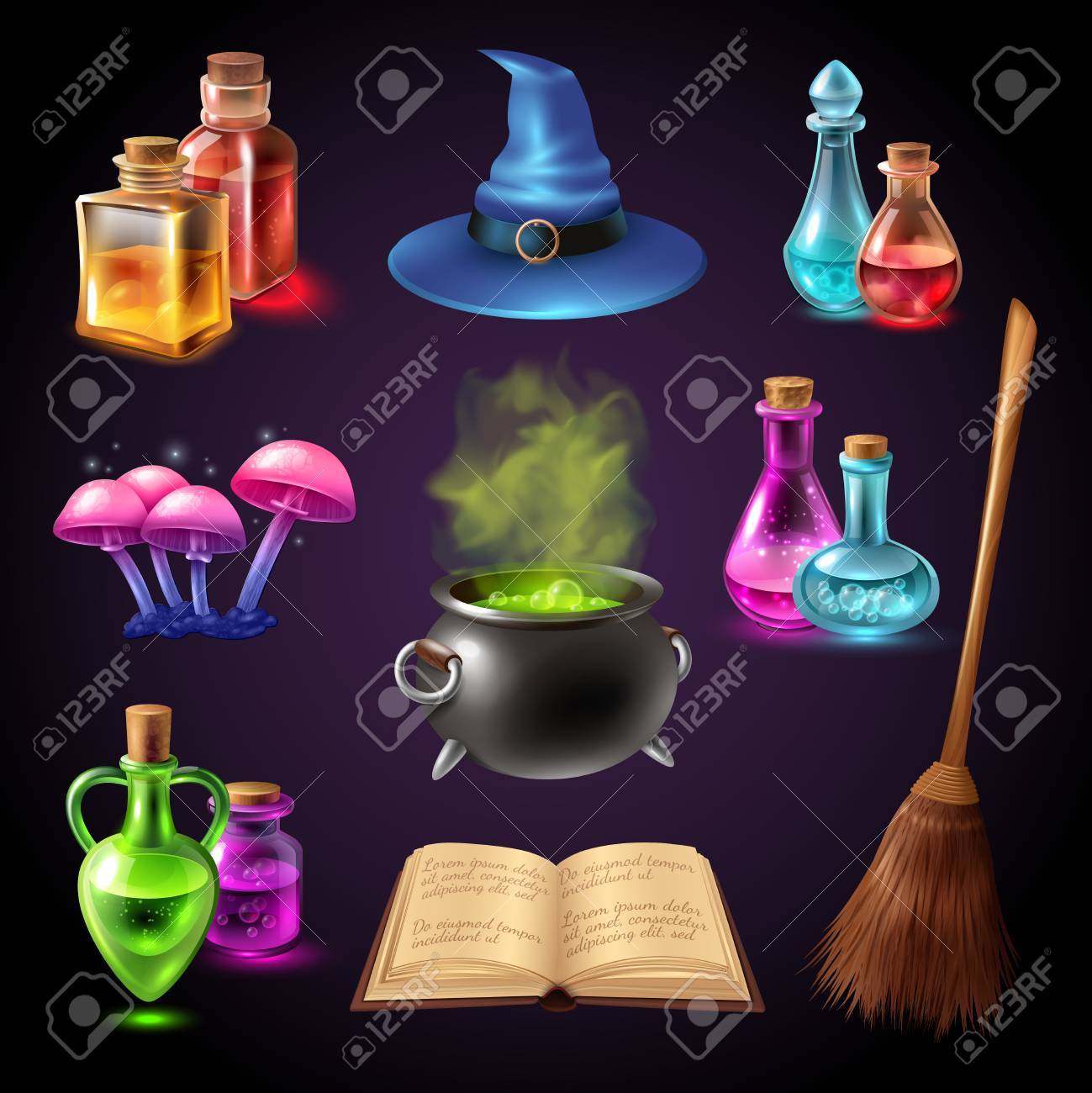 halloween realistic set with various objects for witches isolated on black background vector illustr