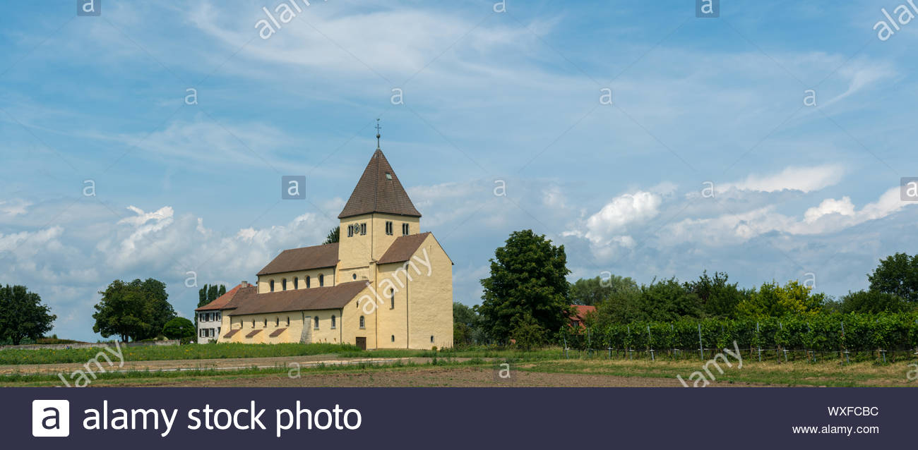 panorama view of the church of st georg on reichenau island on lake constance WXFCBC