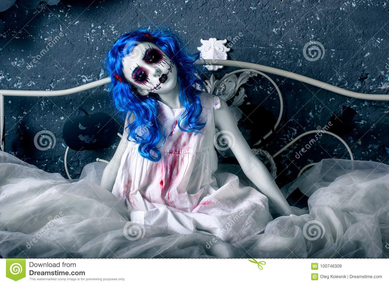 little blue hair girl bloody dress scary halloween makeup sitting bed little blue hair girl bloody dress