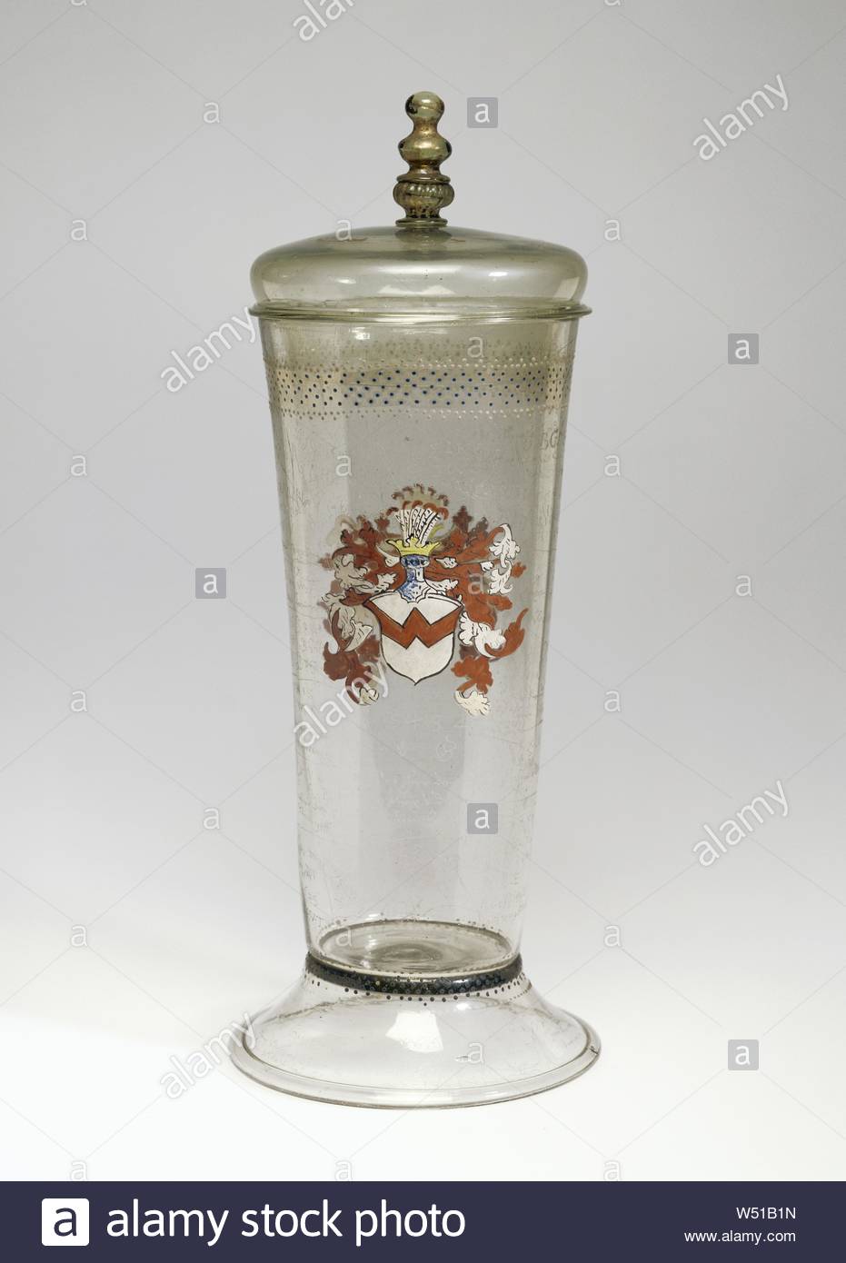 covered wel e beaker wilkommglas unknown maker faon de venise possibly the glashtte of sebastian hchstetter austrian active 1540 1569 hall austria 1550 1554 free blown colorless slightly gray glass with diamond point engraving gilding and enamel decoration 37 cm 14 916 in W51B1N