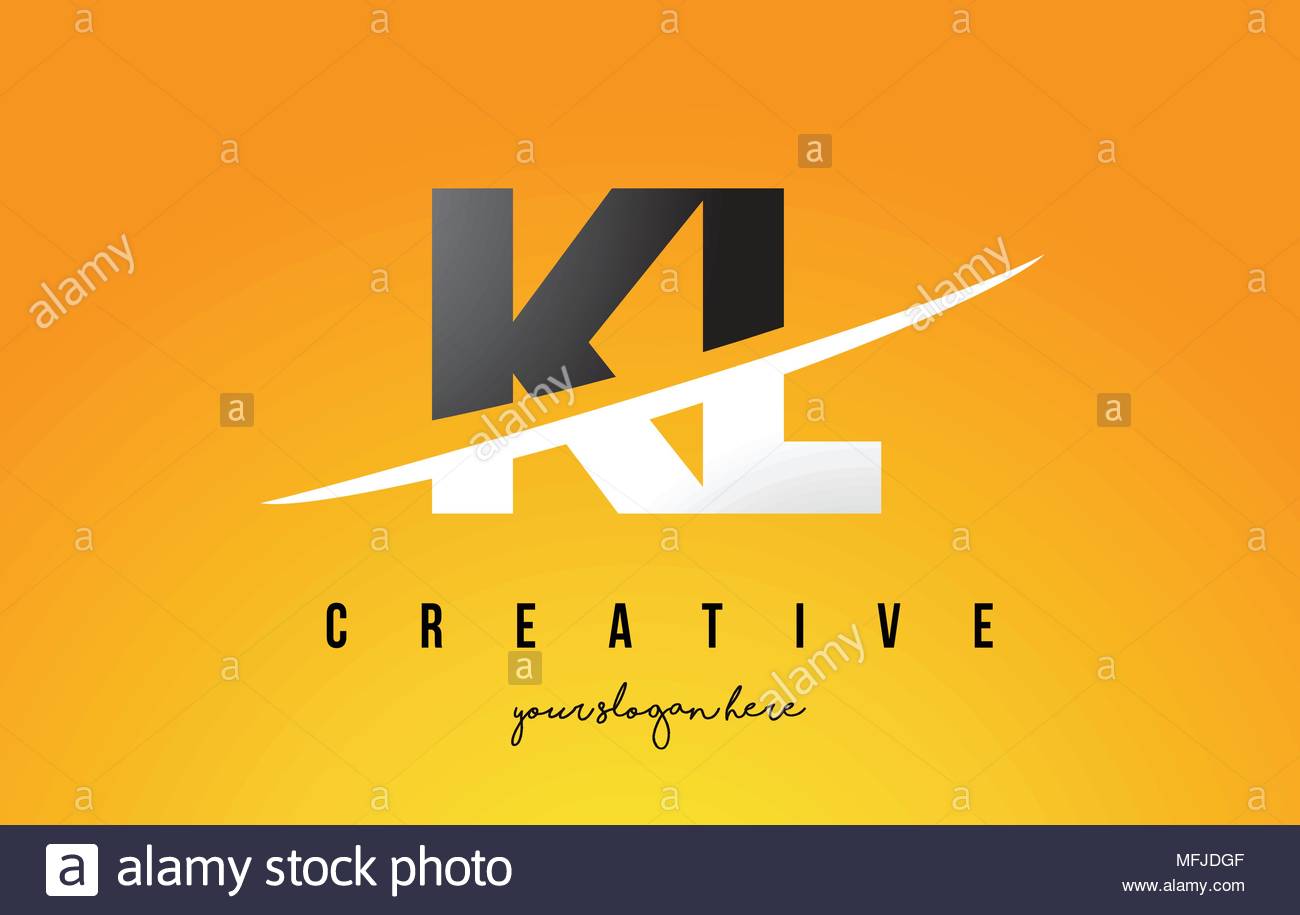 kl k l letter modern logo design with swoosh cutting the middle letters and yellow background MFJDGF