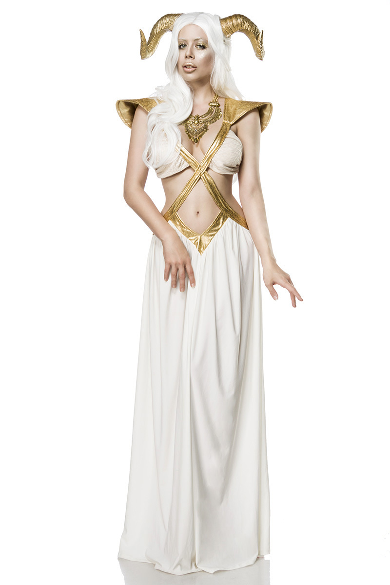 Verkleidung Damen Frisch Damen Bauchfreies Fantasy Kostüm Fee Verkleidung Aus Kleid Kette Widderhörner Und Bänder In Weiß G