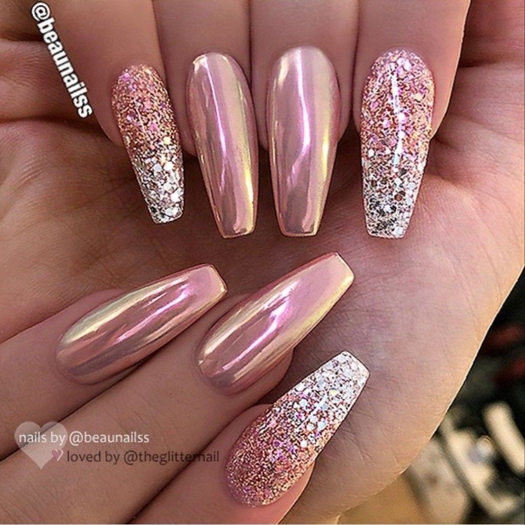 Vorgartengestaltung Elegant Rose Gold Pink Chrome and Glitter Silver Ombré Nail