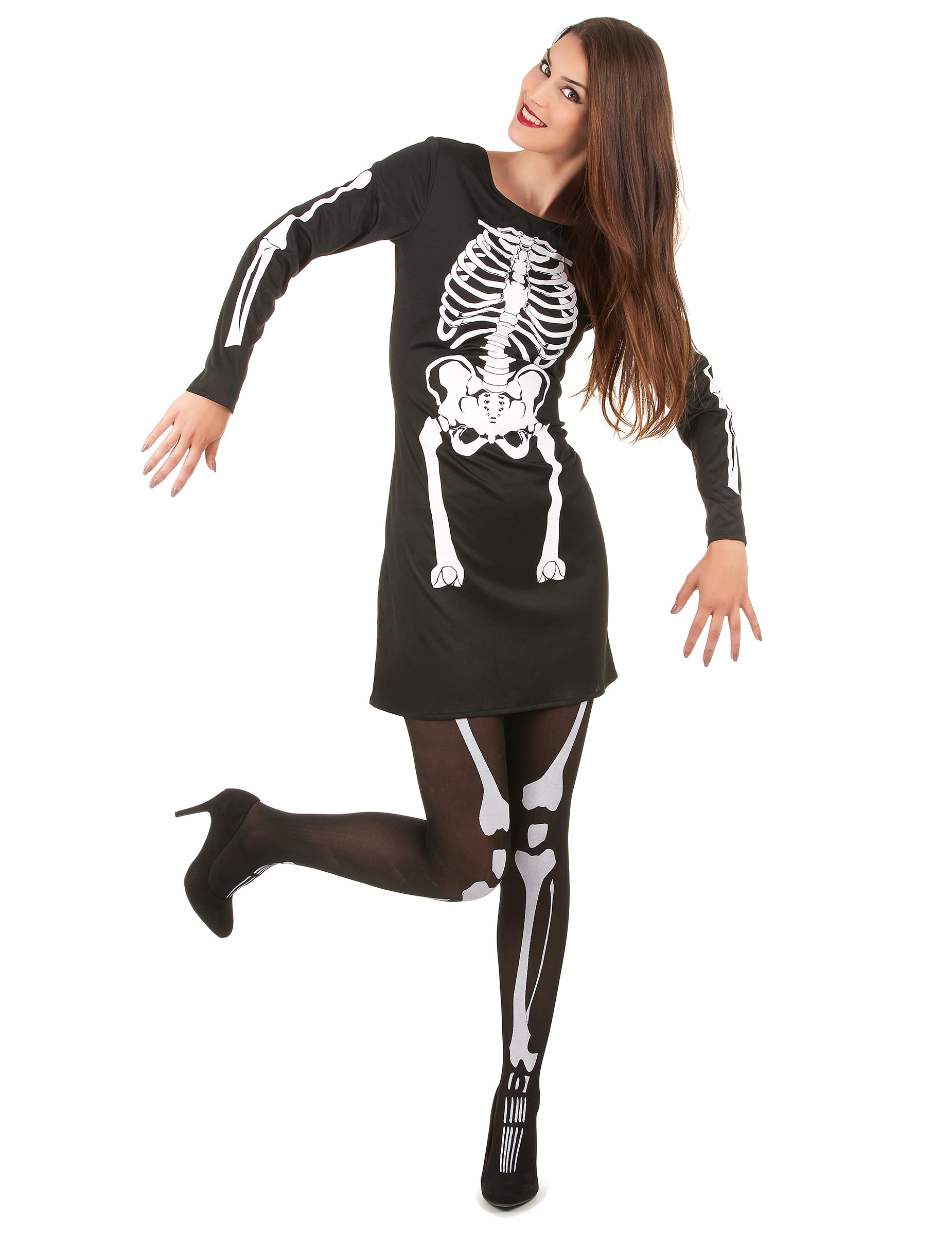 p elegantes skelett damenkostuem halloween schwarz weiss
