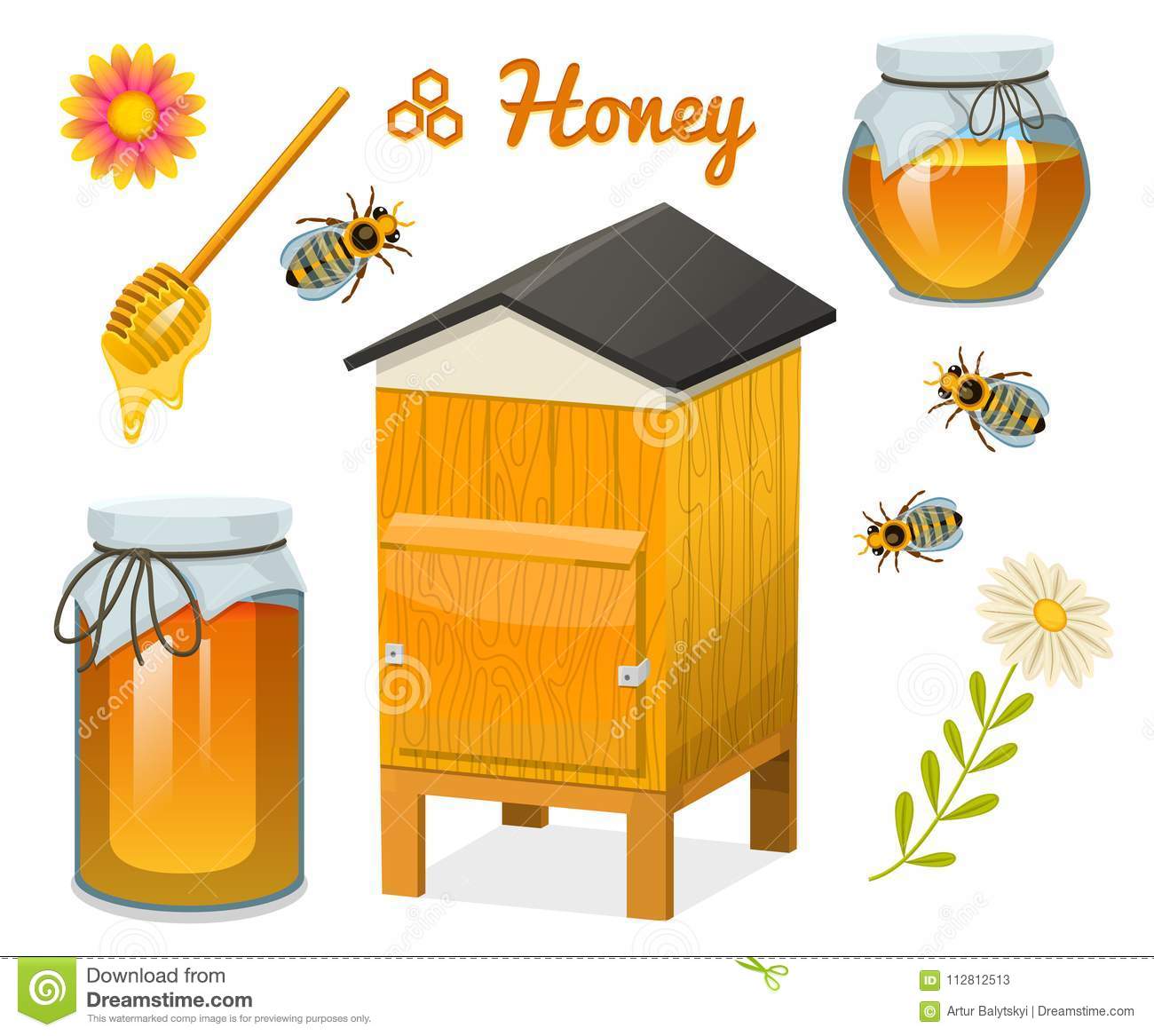 honigsatz biene und bienenstock löffel bienenwabe bienenhaus natürliches landwirtschaftliches produkt imkerei oder garten blume