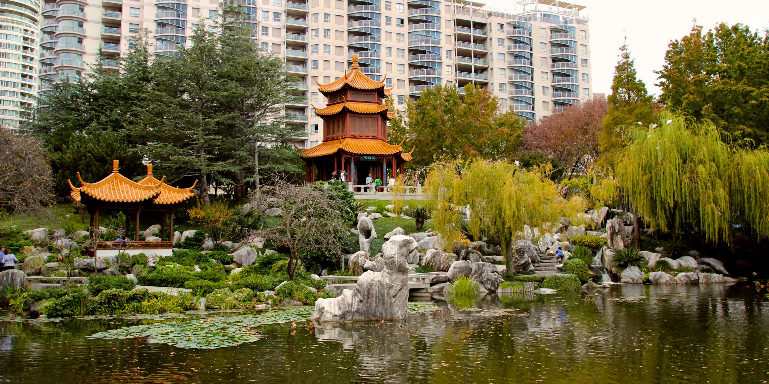 Chinese Garden of Friendship looking back at city
