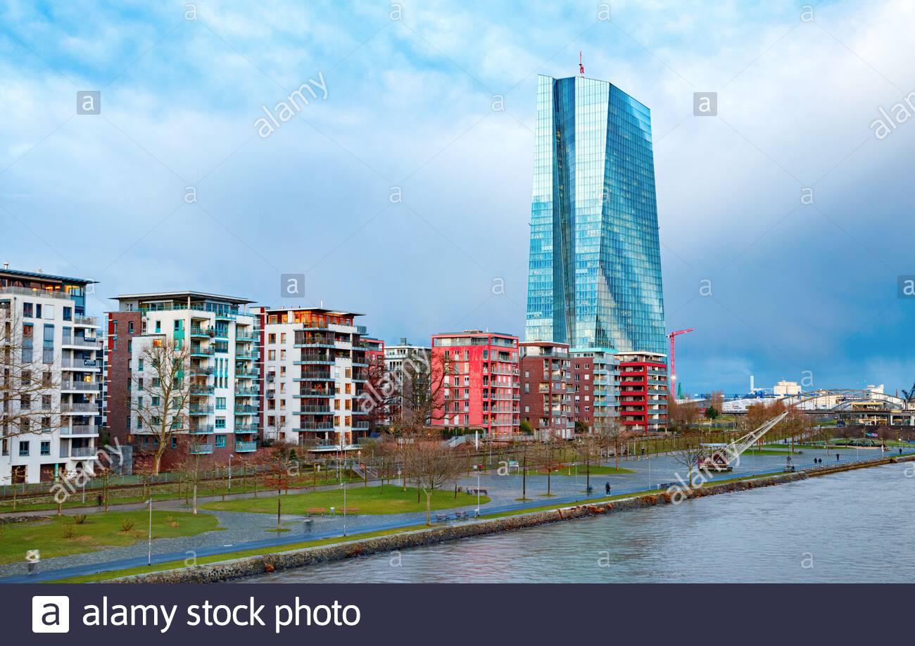 european central bank ecb headquarters building and residential buildings along the river main frankfurt am main germany 2B2RPME