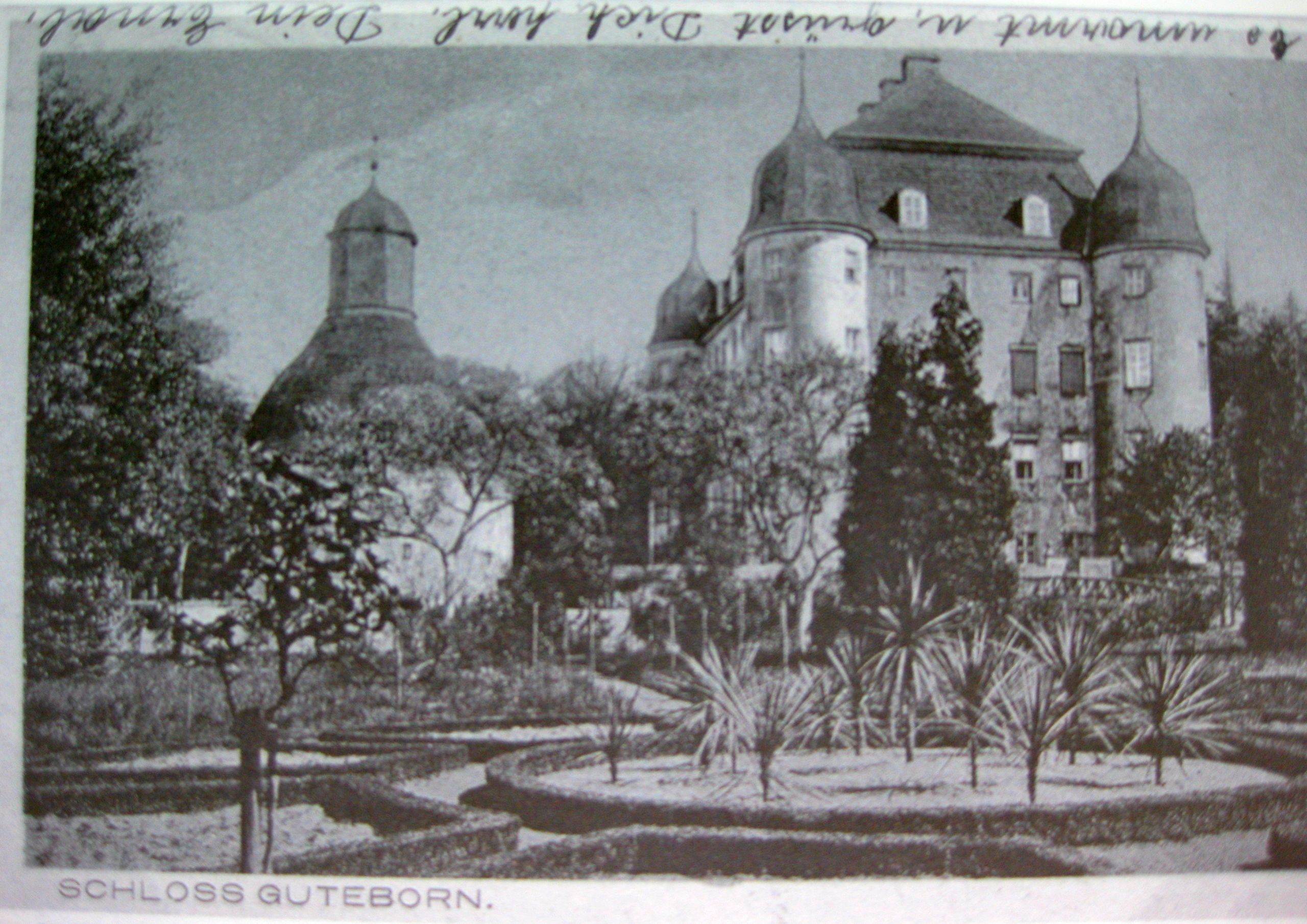 Schloss Guteborn Schlossgarten und Schloss alte Postkarte 01