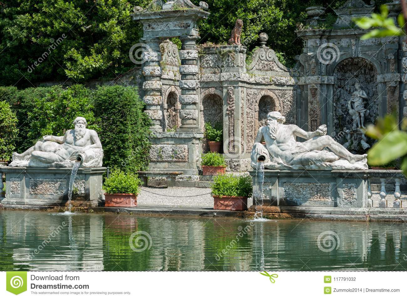 marlia lucca italy may lemon garden large ornamental pool stone balustrade two statues giants representing