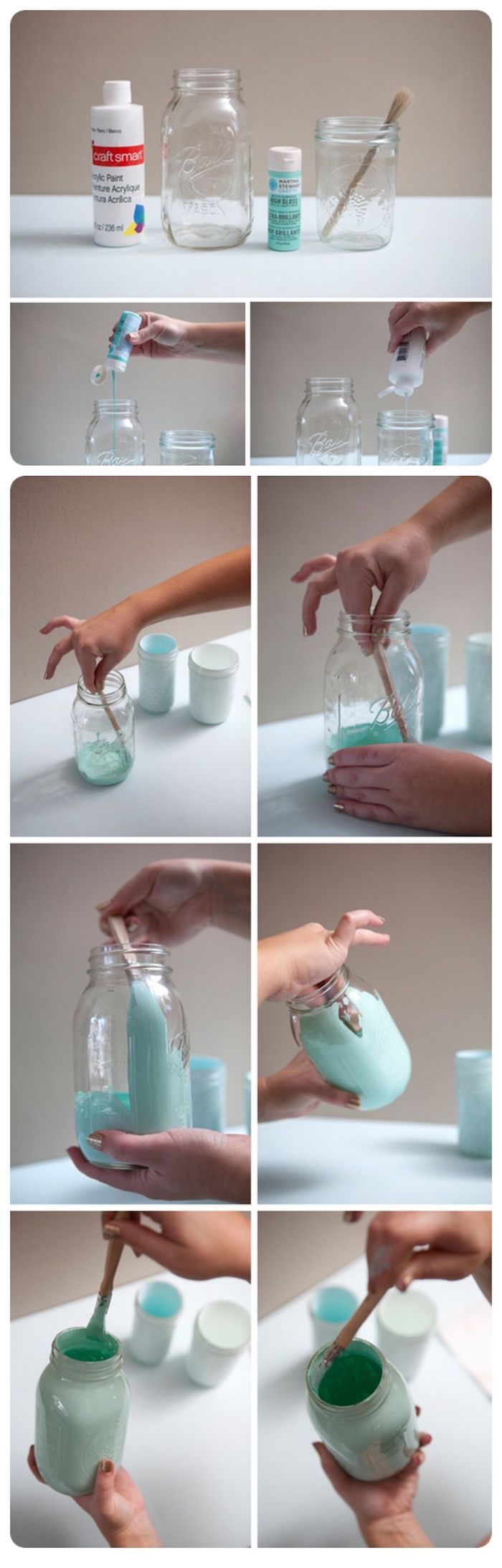 badezimmer deko diy vasen aus einmachgläser blaue farbe upcycling ideen pinsel shabby chic stil